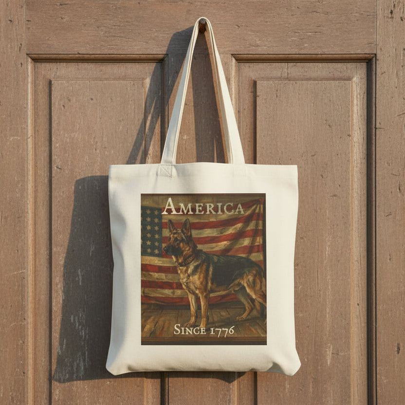 Tote bag with a German Shepherd design and 'America Since 1776' text on a white background