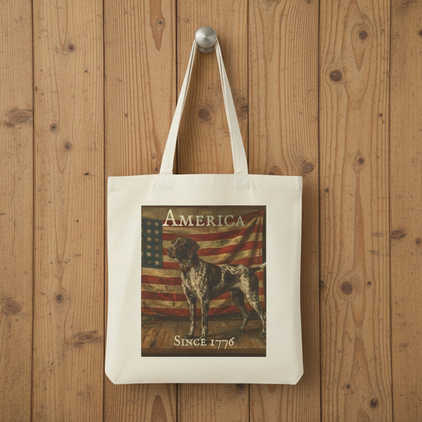 Tote bag with American flag and German Shorthaired Pointer graphic on a white background