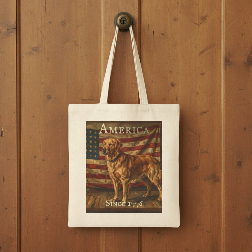 Tote bag with a Golden Retriever and American flag design on a white background