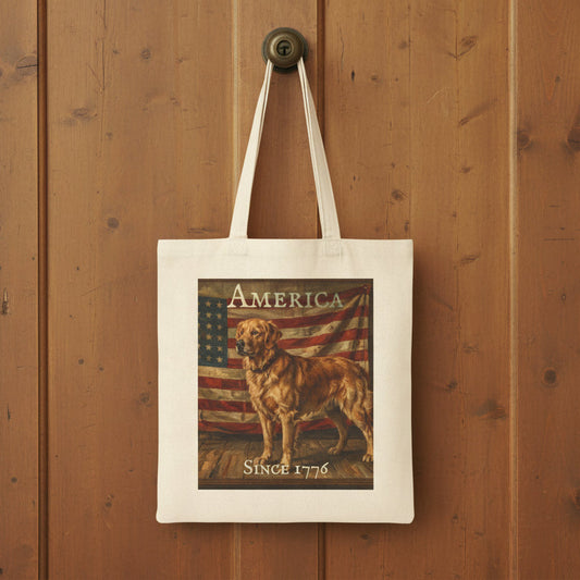 Tote bag with a Golden Retriever and American flag design on a white background