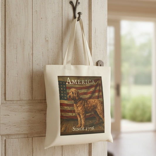 Tote bag with a Goldendoodle and American flag design on a white background
