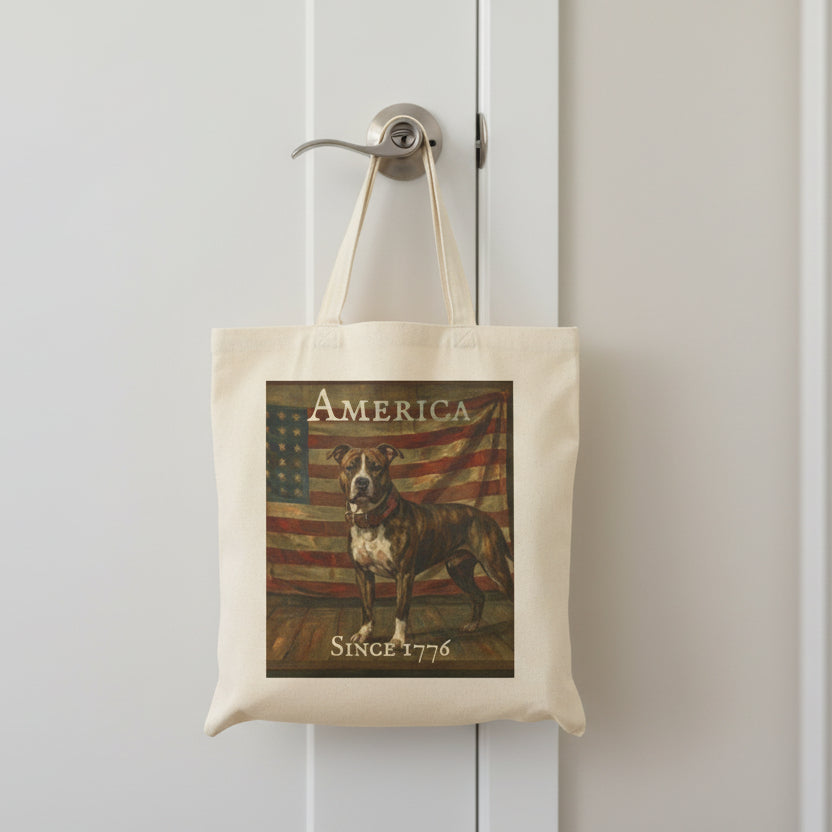 Tote bag with a dog graphic and 'America Since 1776' text on a white background with a Pitbull