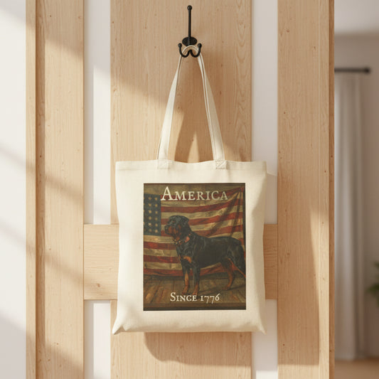 Tote bag with a Rottweiler and American flag design on a white background