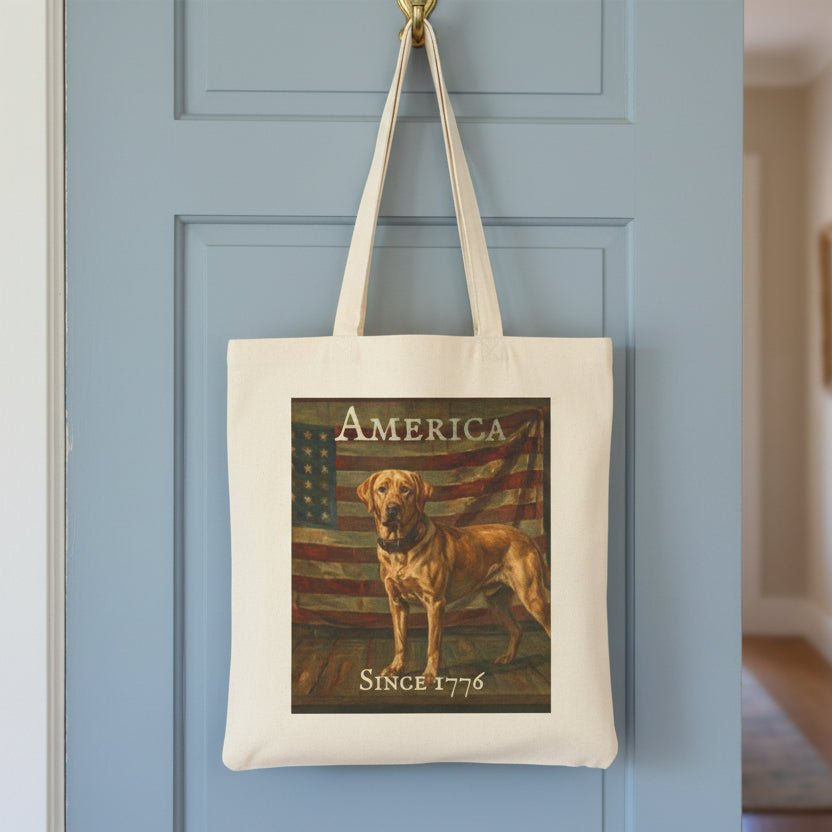 Tote bag with a Yellow Labrador Retriever and American flag design on a white background