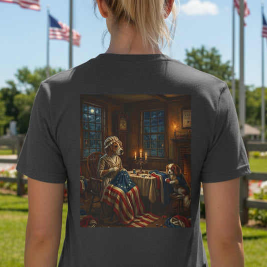 Dark Heather Grey t-shirt with a graphic of a dog Betsy Ross in a patriotic-themed scene on a patriotic background