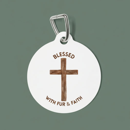 Round pet tag with wooden cross and text 'Blessed with fur & faith' on a white background
