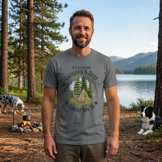 Man wearing a t-shirt with a camping and dogs design, standing in a forest with a lake and two dogs in the background.