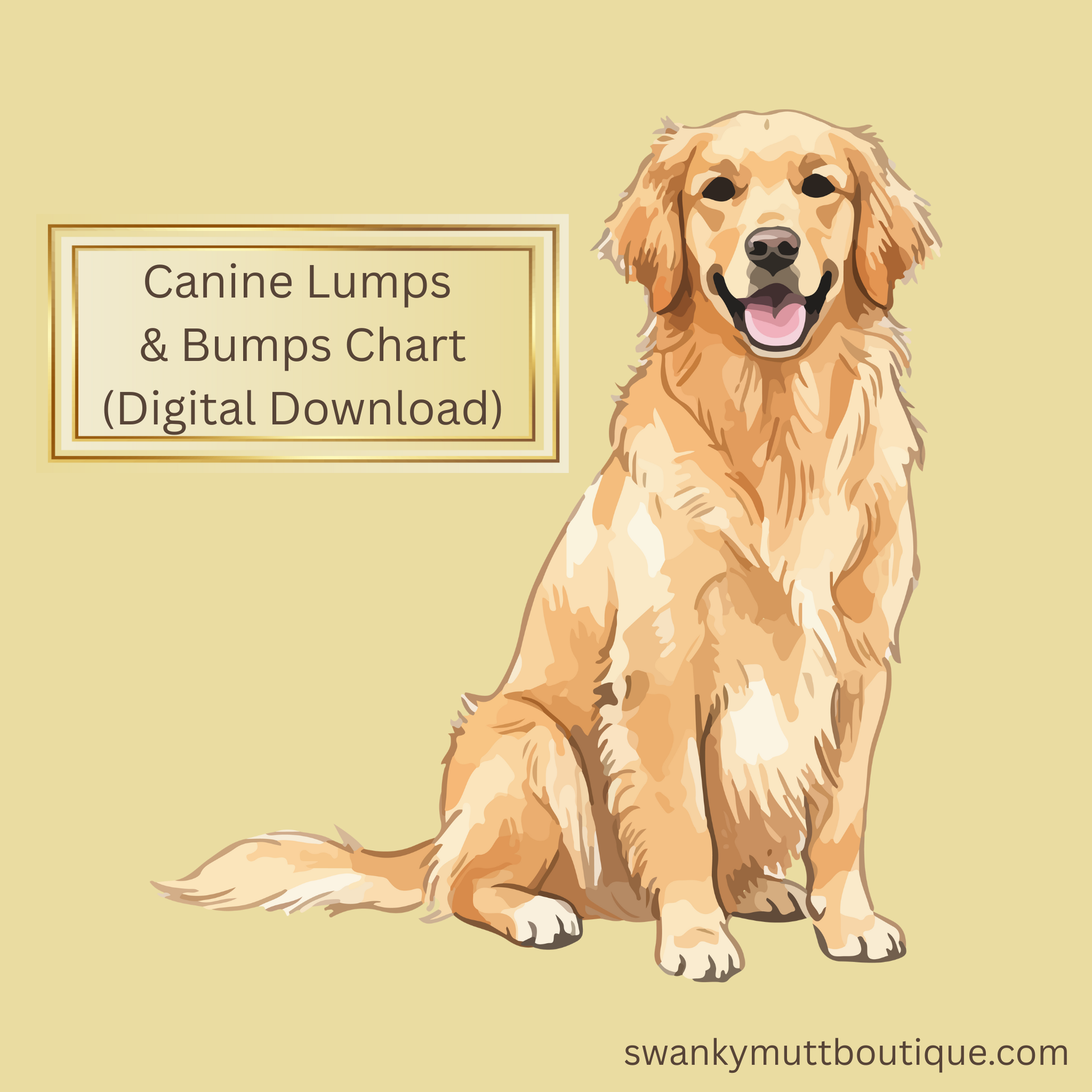 Illustration of a golden retriever with text about a canine lumps and bumps chart on a beige background.