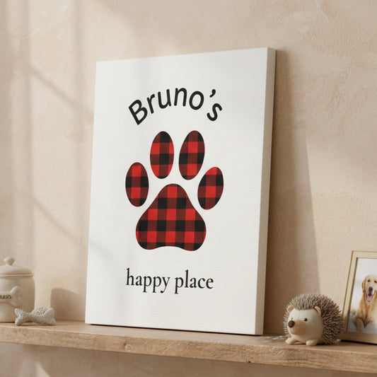 Plaid paw print with 'Bruno's happy place' text on a white background