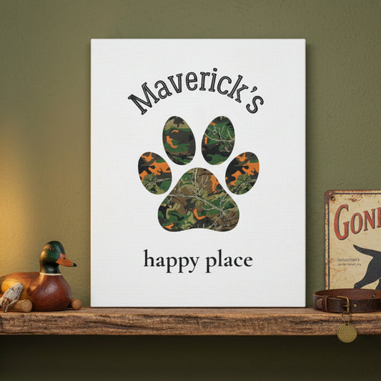 Camo paw print with 'Maverick's happy place' text on a white background
