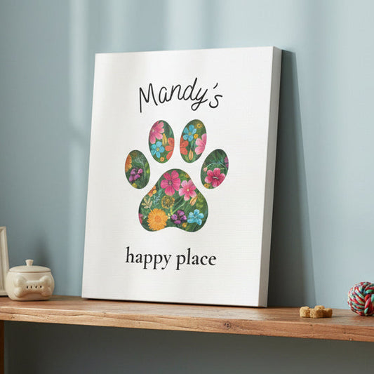 Floral paw print design with 'Mandy's happy place' text on a white background