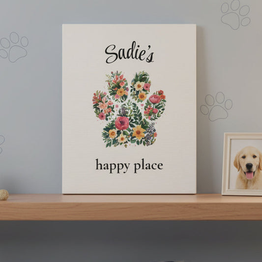 Decorative sign with floral design and 'Sadie's happy place' text on a white background