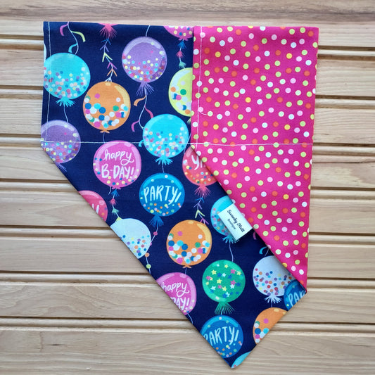 Dog Bandana - Birthday Party; Reversible, slide over the collar style.