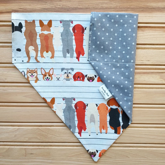 Dog Bandana - Dogs and Polka Dots; Reversible, slide over the collar style.