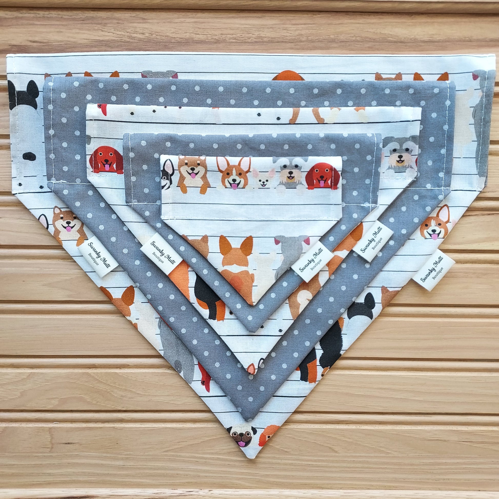 Dog Bandana - Dogs and Polka Dots; Reversible, slide over the collar style.