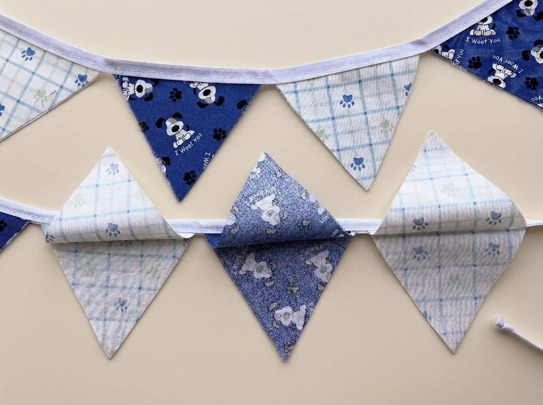 Fabric bunting with blue and white patterned triangles on a beige background