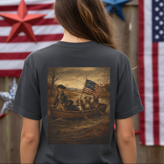 Dark Heather Gray t-shirt with a graphic of dogs in a boat with an American flag on a Patriotic background