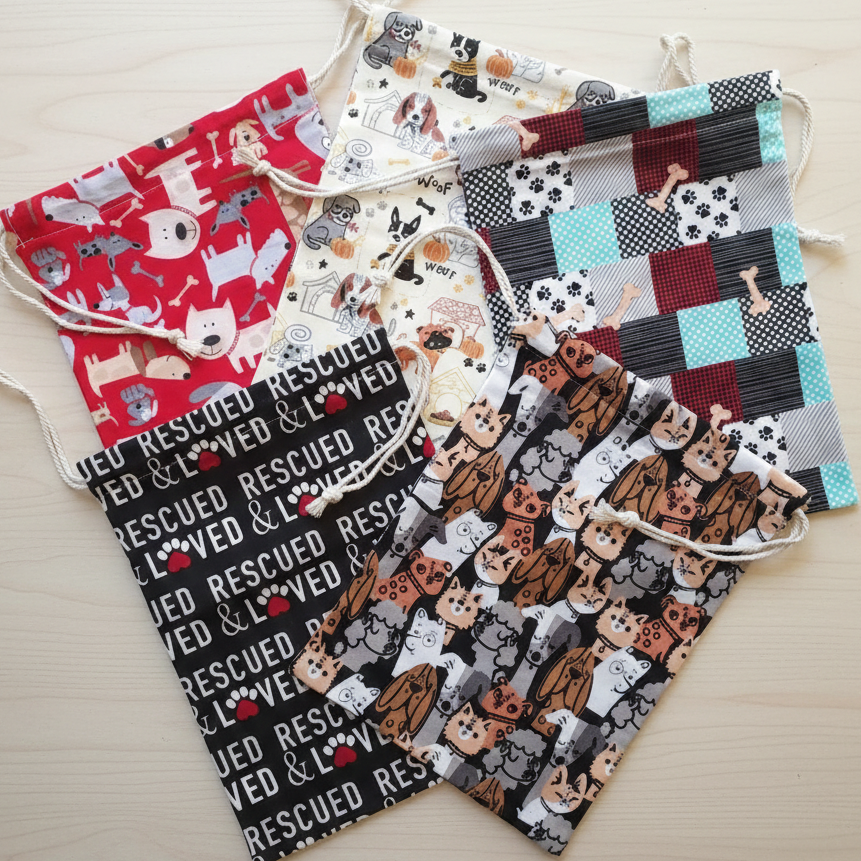Set of reusable drawstring gift bags with dog patterns and text on a light wooden surface