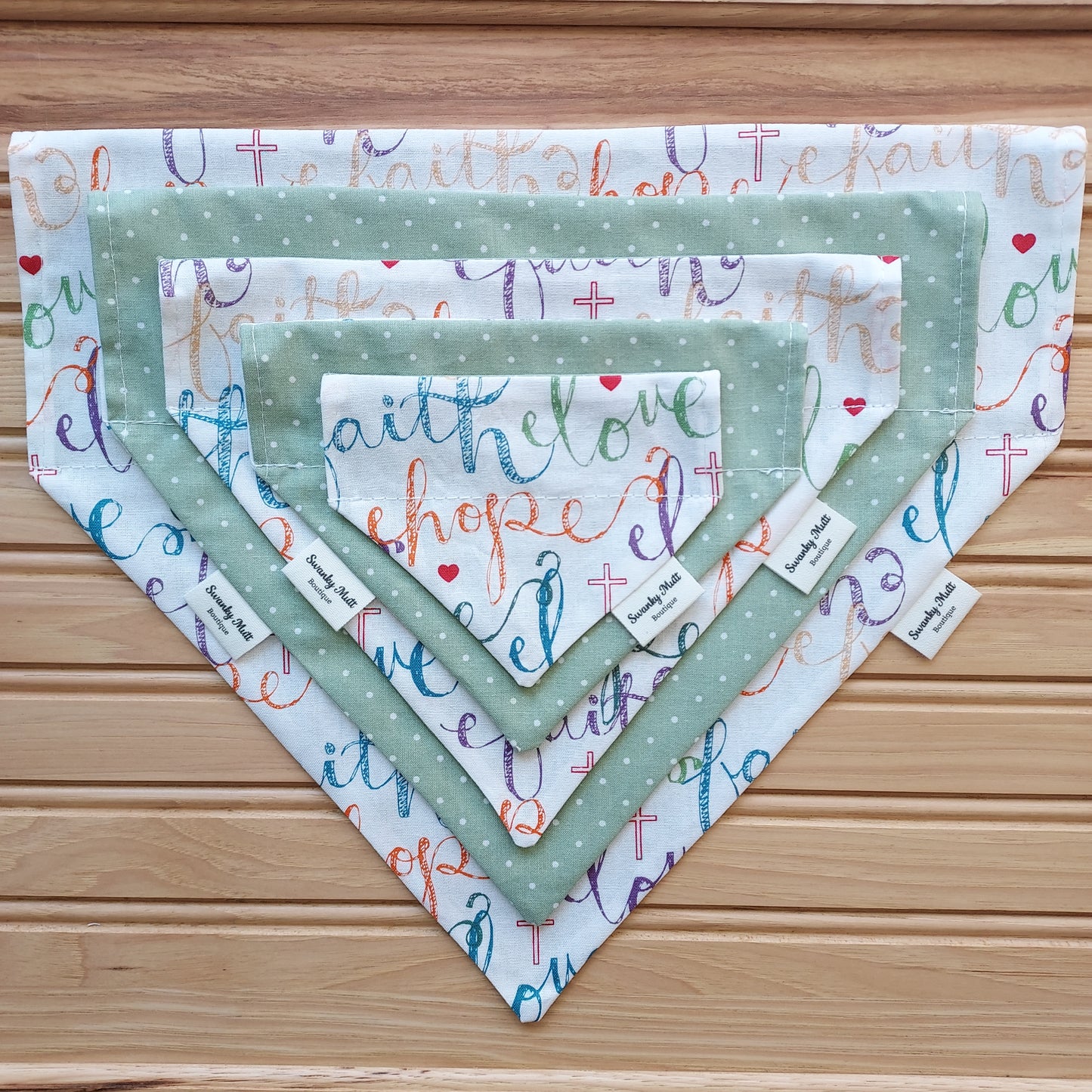 Faith, Hope, and Love Dog Bandana; Reversible and slide over the collar style.