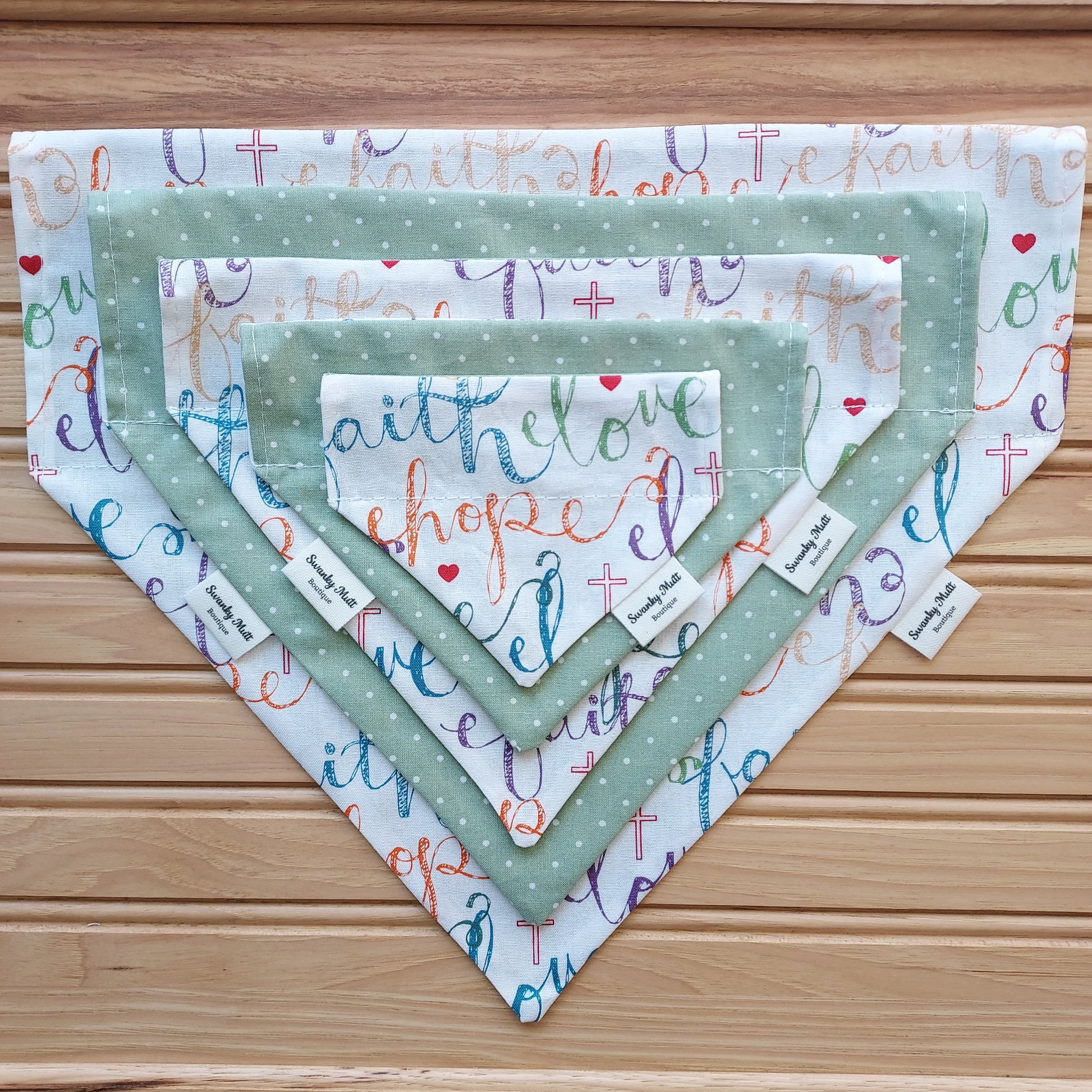 Faith, Hope, and Love Dog Bandana; Reversible and slide over the collar style.