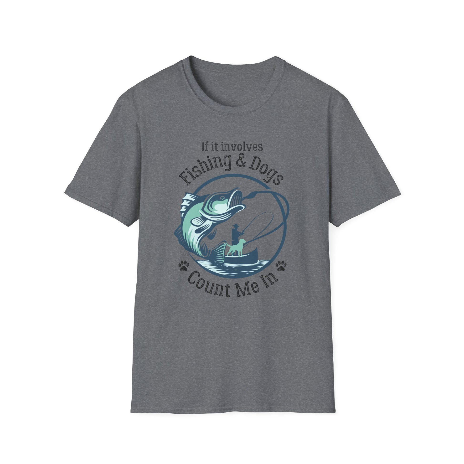 Gray t-shirt with fishing and dogs graphic and text on a white background