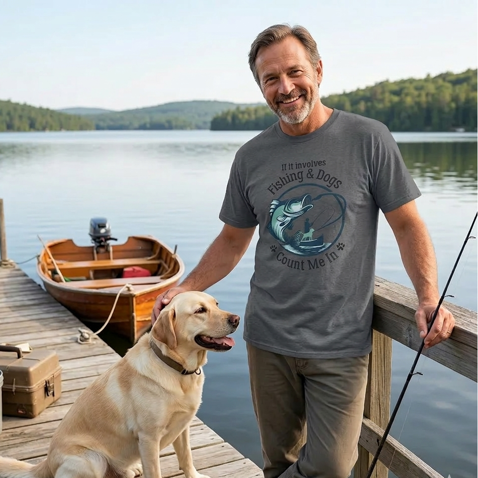 Man with a dog on a dock by a lake, wearing a fishing-themed t-shirt.