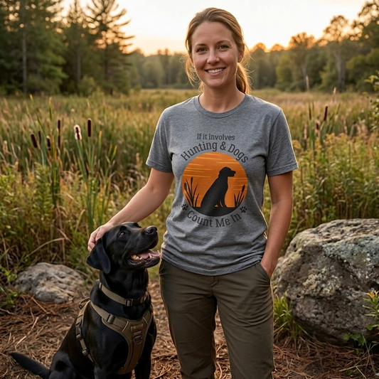 Woman wearing a t-shirt with a hunting and dogs design, standing in a field with a dog.