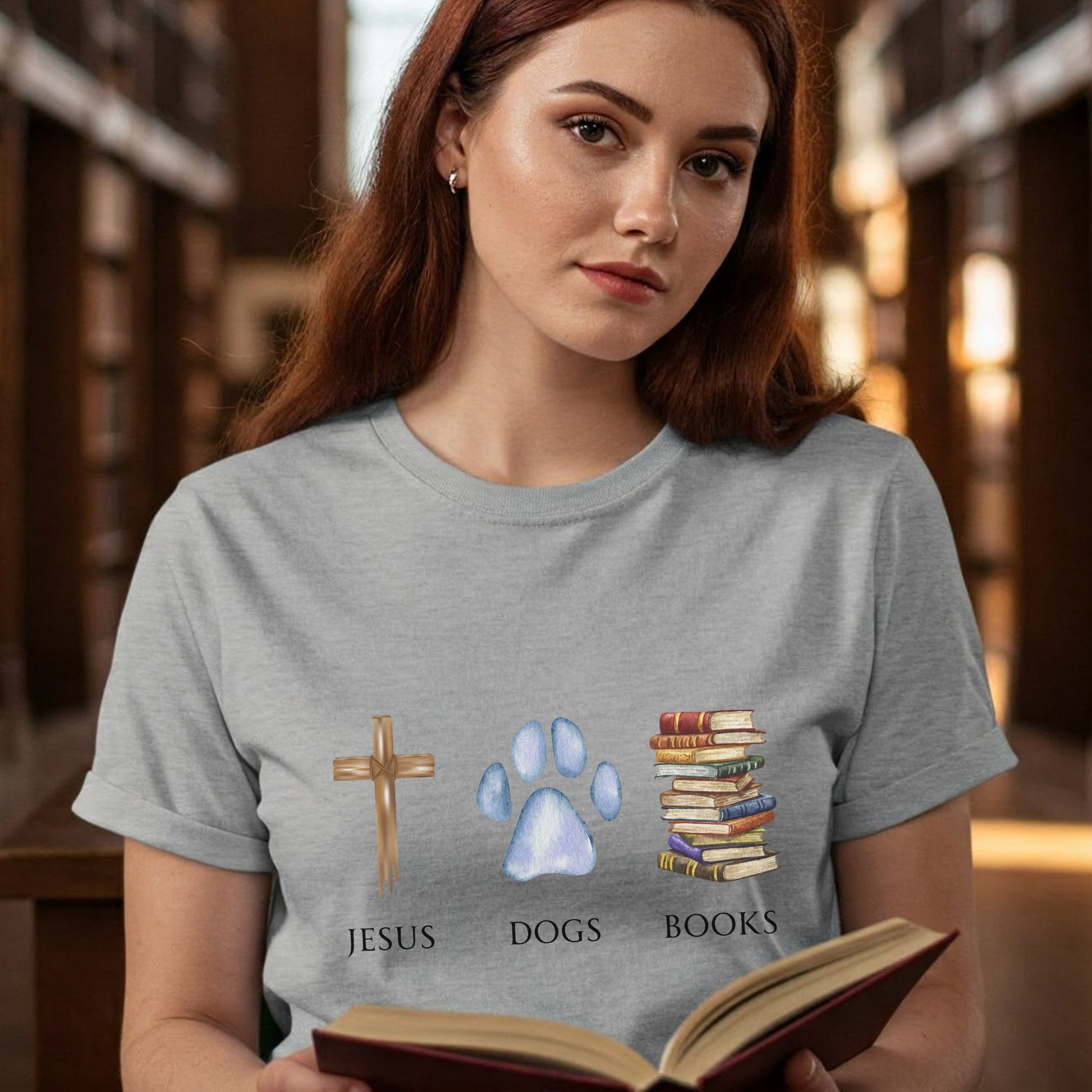 Person wearing a t-shirt with 'Jesus', 'Dogs', and 'Books' symbols in a library setting