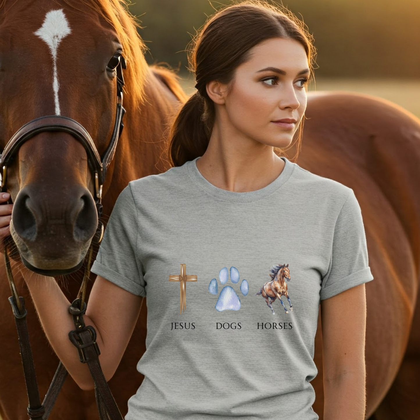 Woman wearing a t-shirt with religious and animal-themed graphics, standing next to a horse in an outdoor setting.