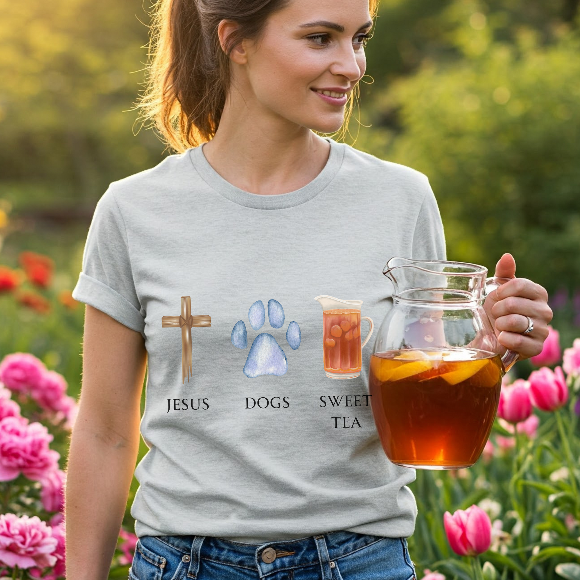 Woman holding a pitcher of iced tea in a garden wearing a t-shirt with religious and tea-themed graphics.