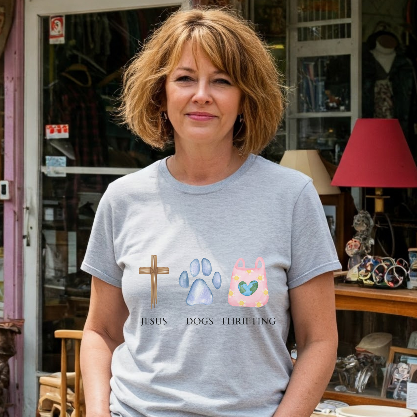 Woman wearing a t-shirt with religious and animal-themed graphics in a thrift store setting.