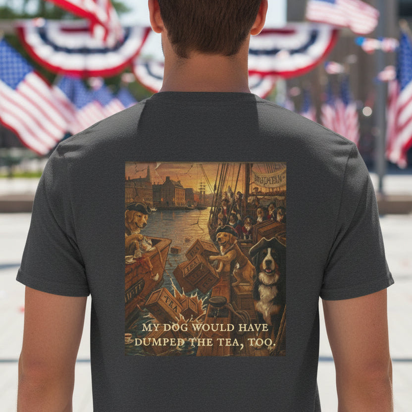 Dark Heather Grey t-shirt with a dog Boston Tea Party on the back.