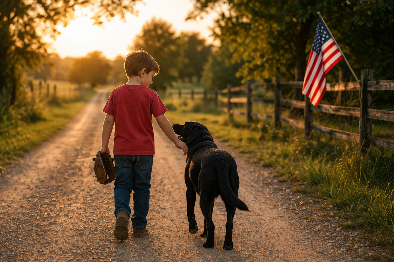 Child walking a black dog on a dirt path with an American flag in the background