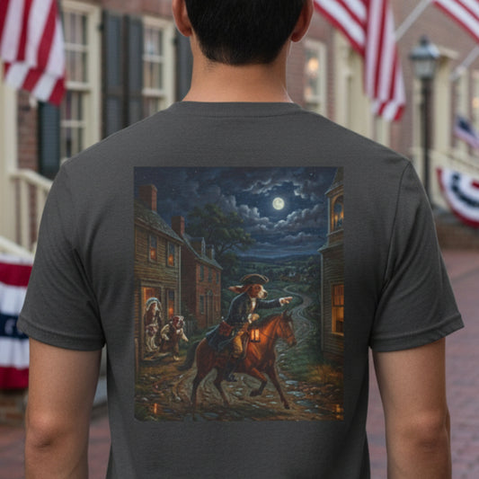 Dark heather gray t-shirt with a graphic of Paul Revere (dog) on horseback in a village scene printed on the back.