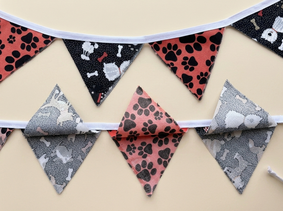 Fabric banner with dog-themed patterns on a beige background