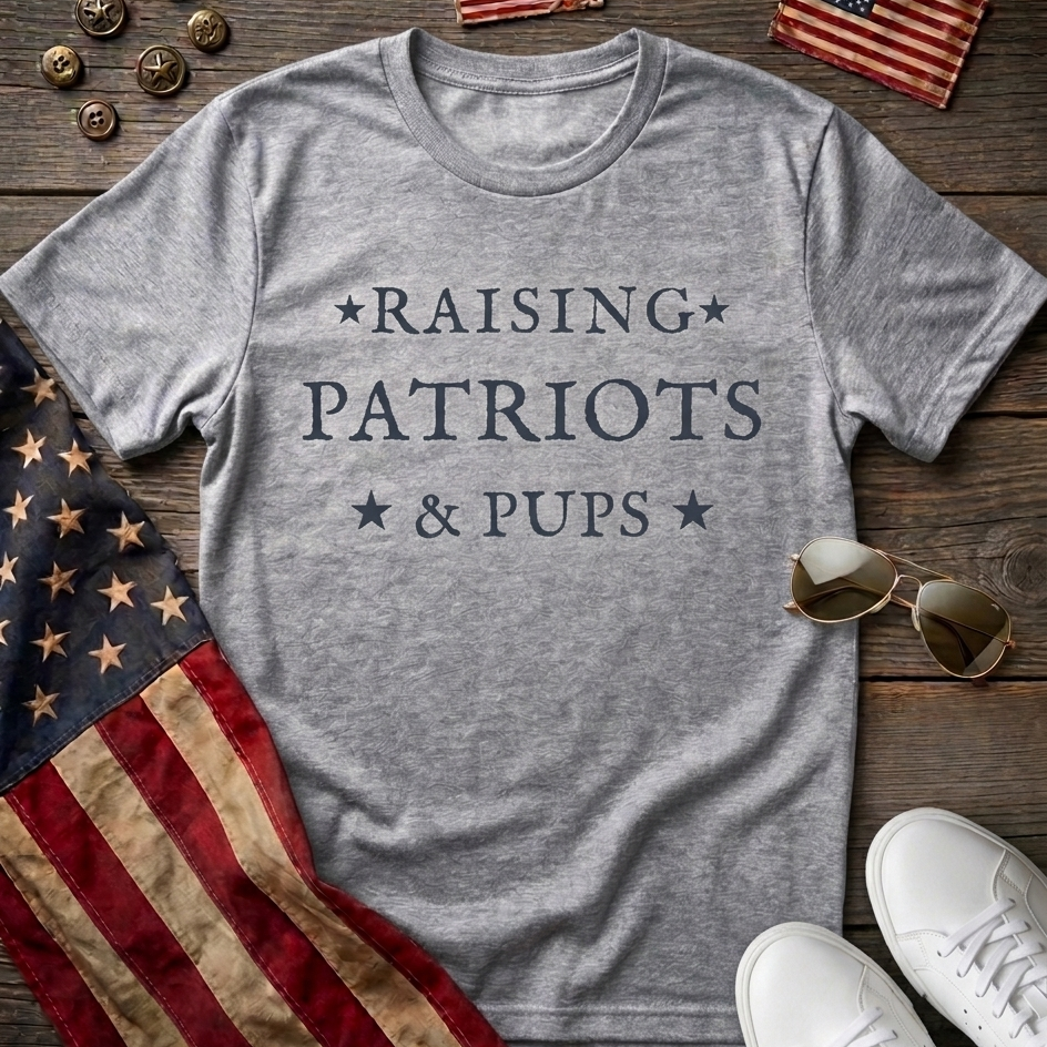 Raising Patriots & Pups Grey T Shirt Flatlay