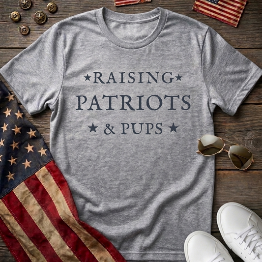 Raising Patriots & Pups Grey T Shirt Flatlay