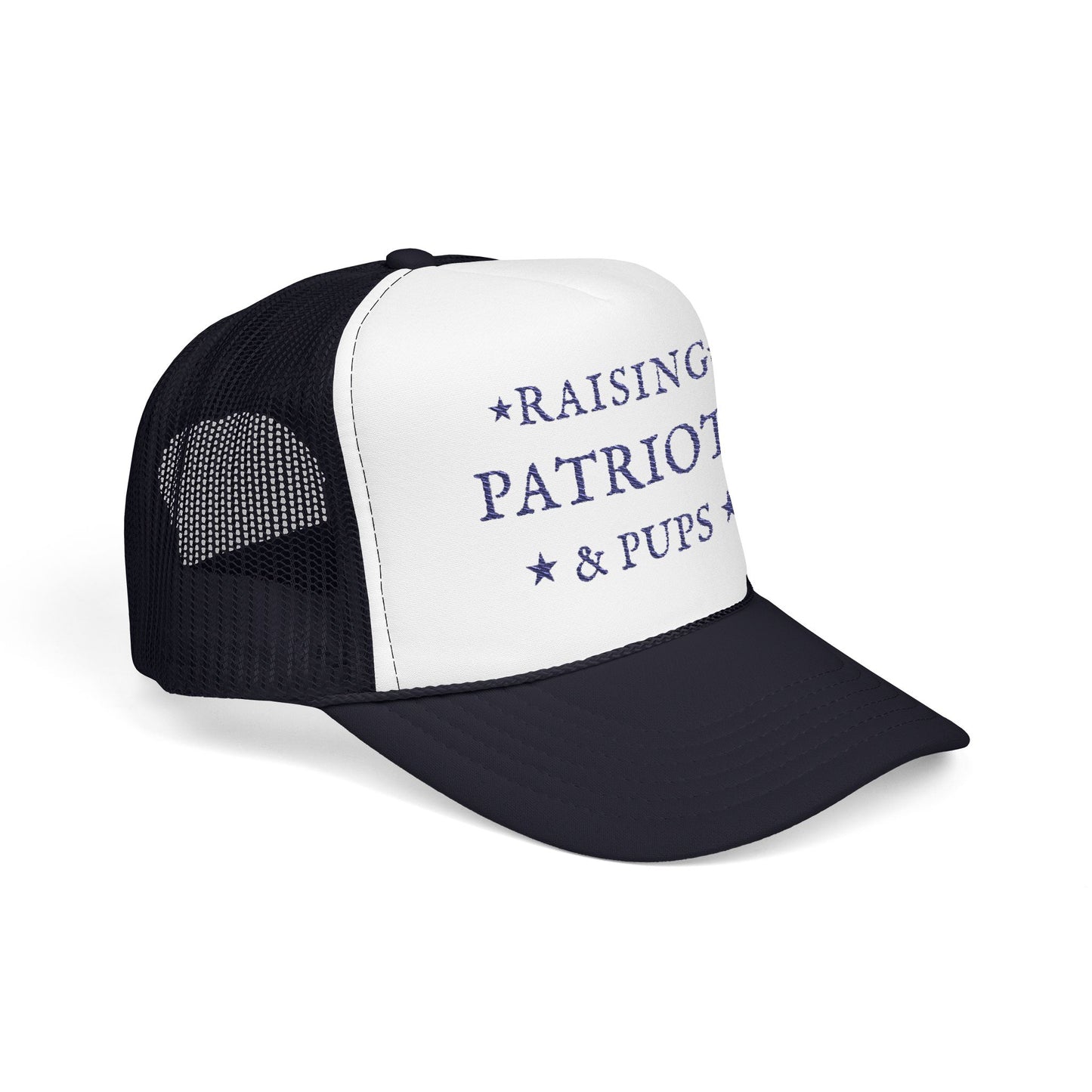 Navy and white trucker hat with Raising Patriots and Pups text on a white background