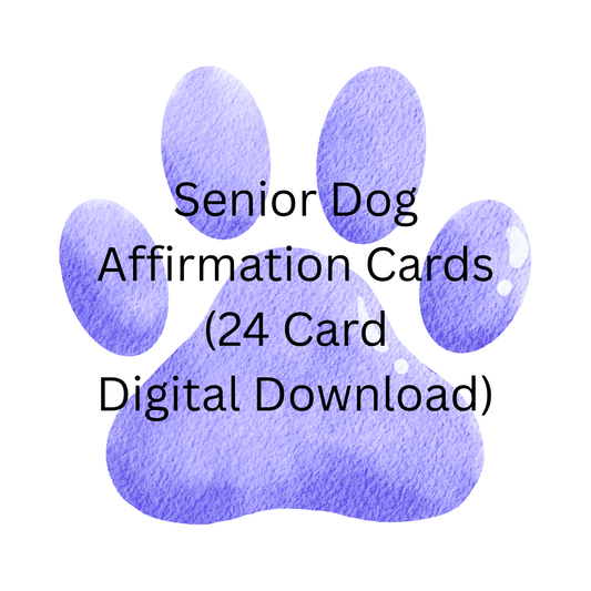 Purple paw print with text 'Senior Dog Affirmation Cards (24 Card Digital Download)' on a white background