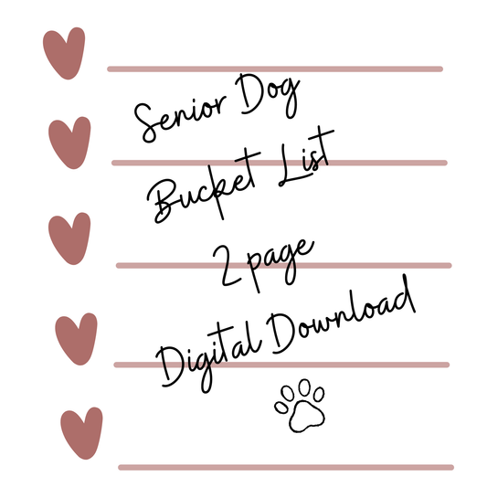 Text 'Senior Dog Bucket List 2 page Digital Download' with heart and paw print designs on a white background.