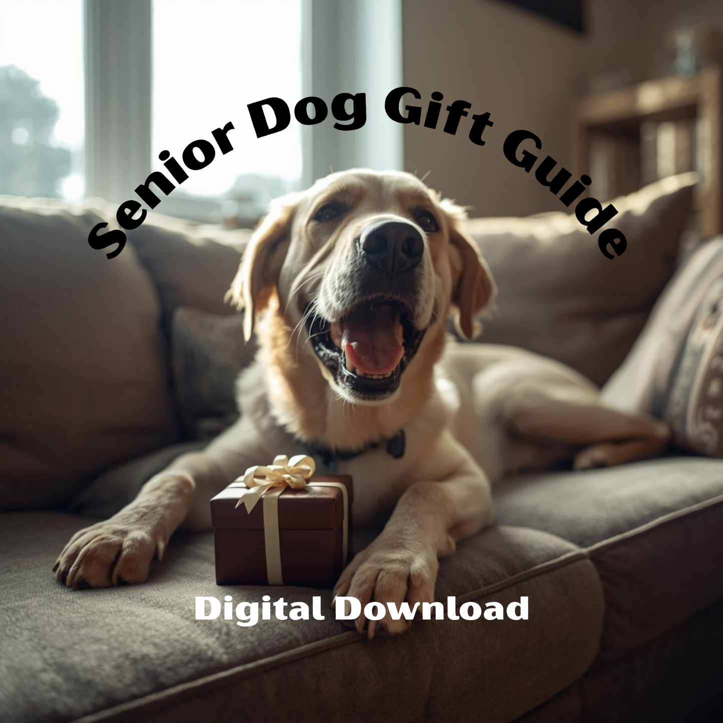 Dog lying on a couch with a gift box, text 'Senior Dog Gift Guide Digital Download' above.