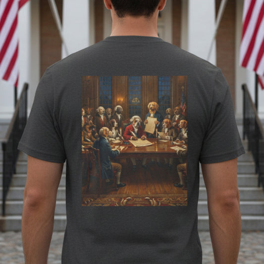 Dark Heather Grey t-shirt with a graphic of the Founding Father Dogs on a Patriotic background
