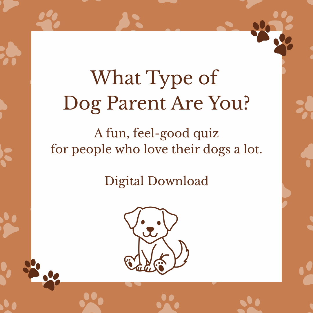 Promotional graphic for a digital download quiz about dog parents on a brown background with paw prints.