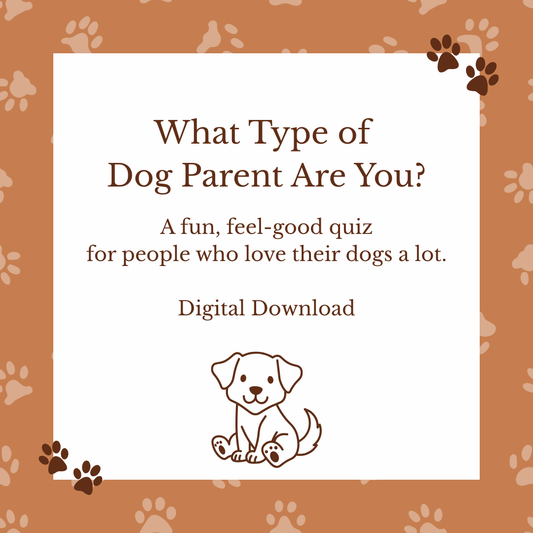 Promotional graphic for a digital download quiz about dog parents on a brown background with paw prints.