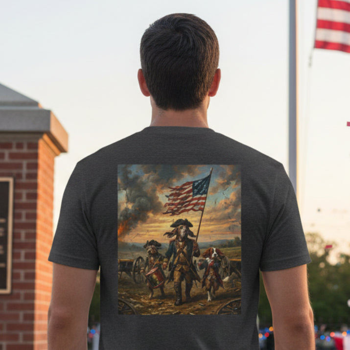 Dark Heather Gray t-shirt with a graphic of a historical scene featuring an American flag and Yankee Doodle Dogs on a patriotic background