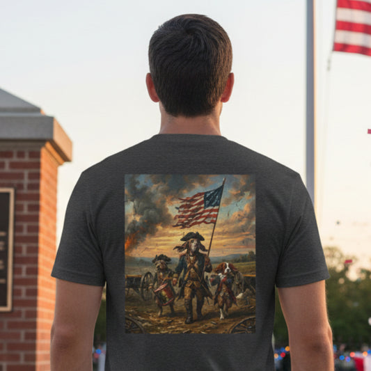 Dark Heather Gray t-shirt with a graphic of a historical scene featuring an American flag and Yankee Doodle Dogs on a patriotic background