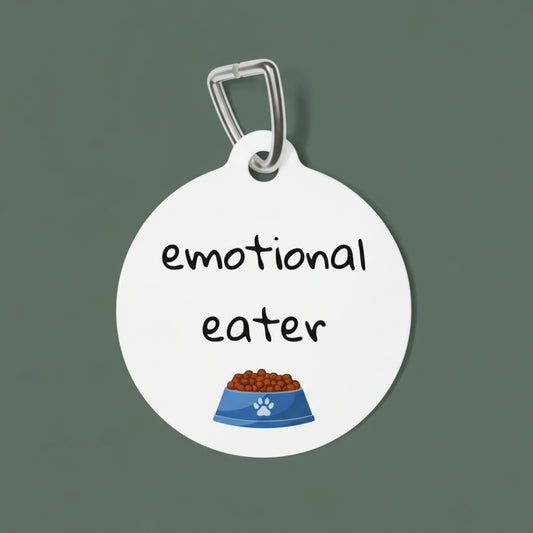 Pet tag with 'emotional eater' text and a bowl icon on a white background