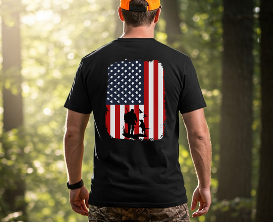 Patriotic American Flag T Shirt with Duck Hunter and Dog