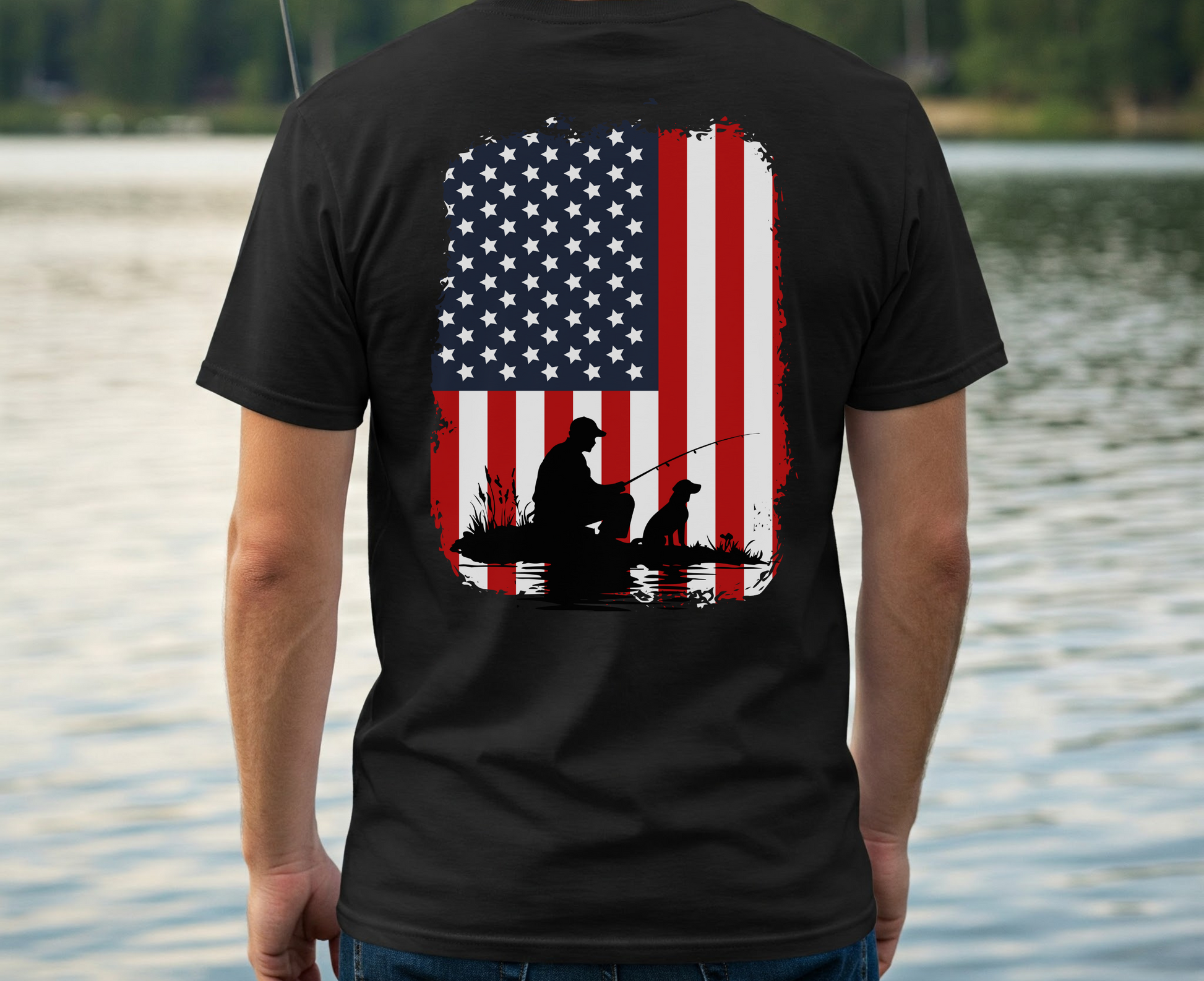 American Flag T Shirt with Fisherman and Dog