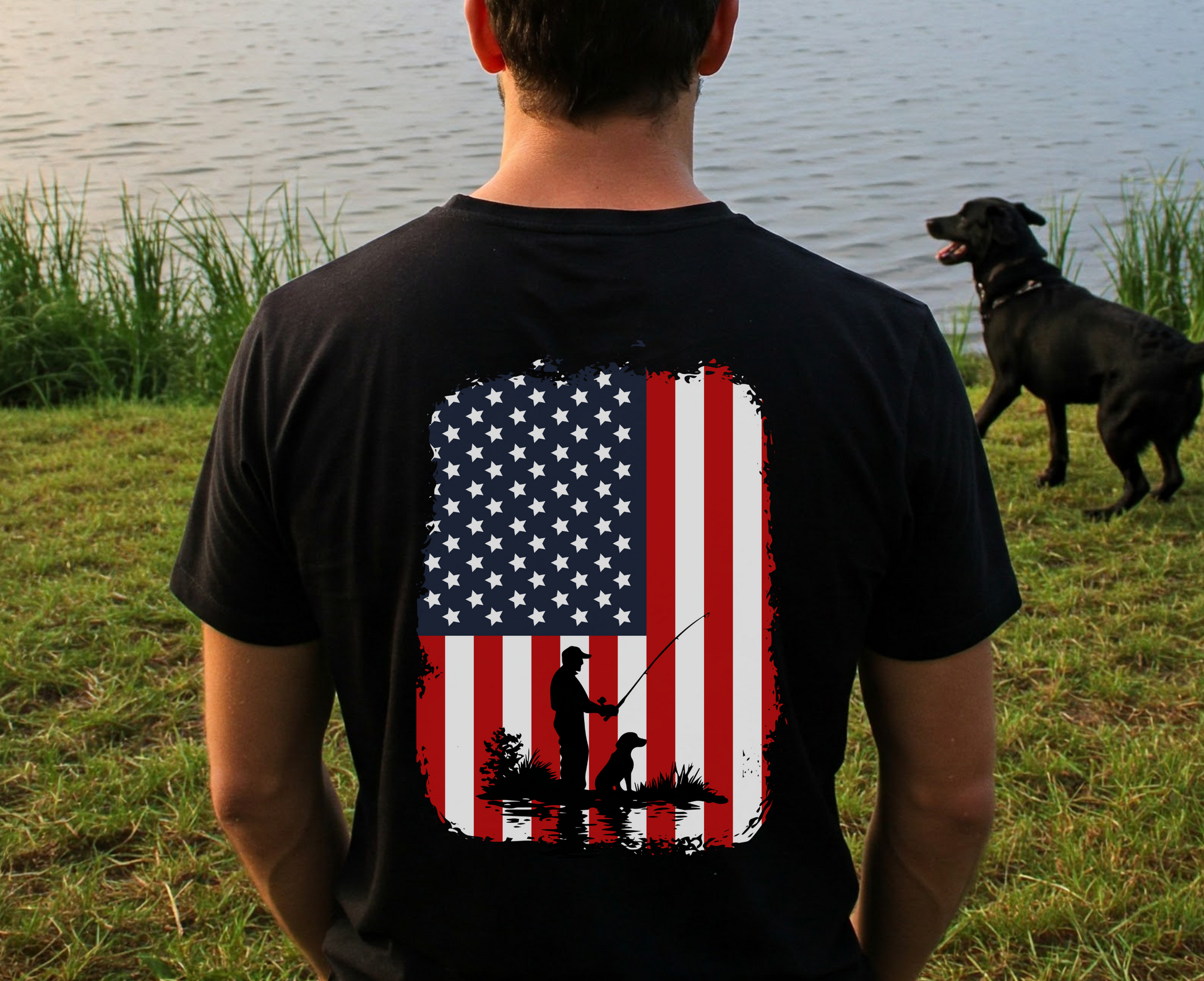 American Flag T Shirt with Fisherman and Dog